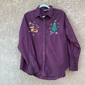 Disney Winnie The Pooh Embroidered Christmas‎ Button Down Maroon Blouse Sz Large